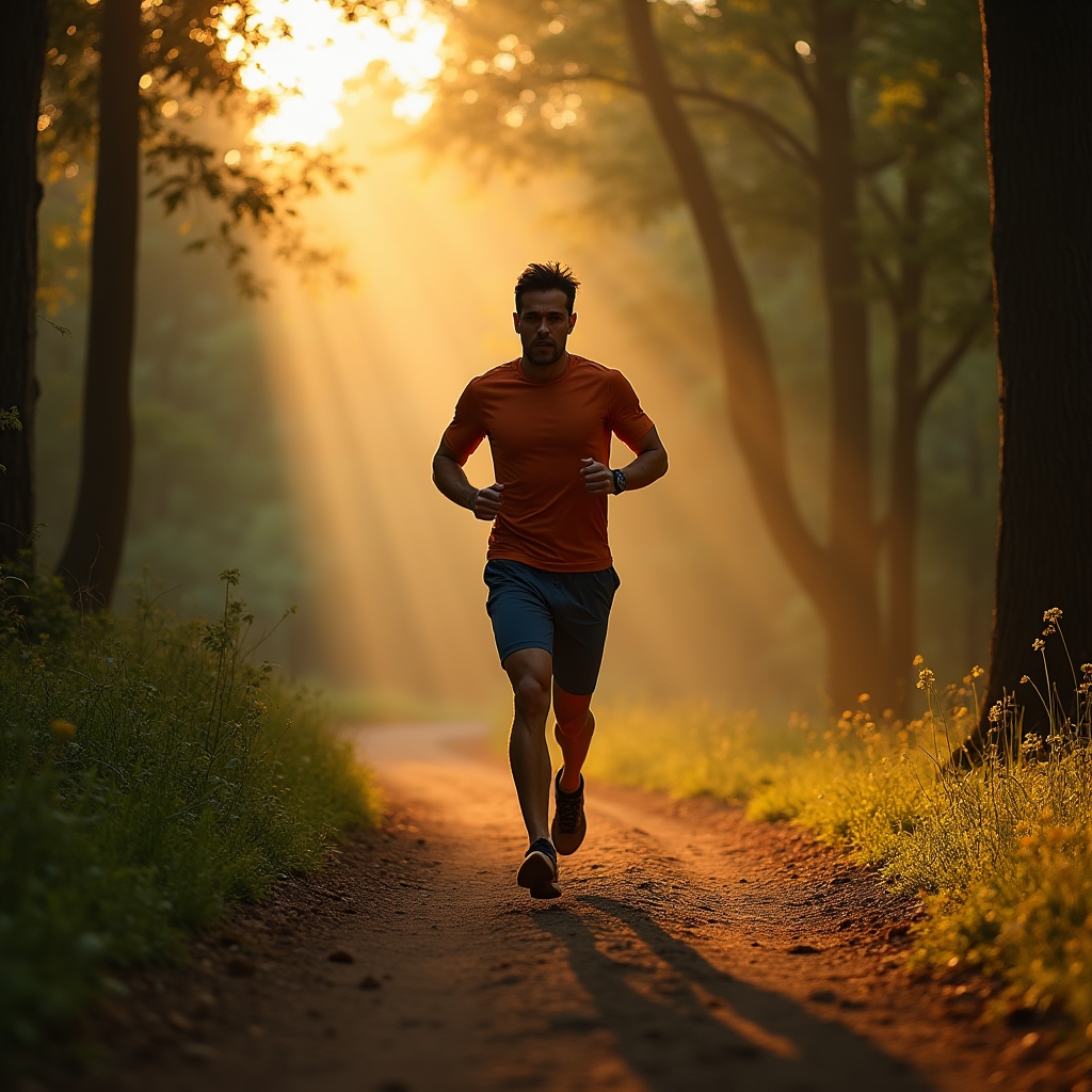 Active runner on a trail demonstrating mindful pacing and form