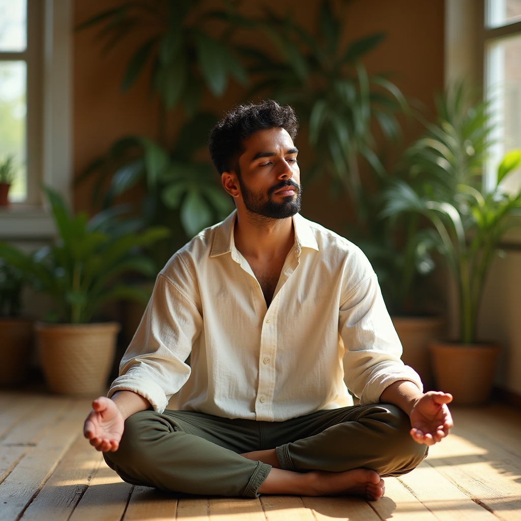 Person engaged in mindful movement awareness practice indoors